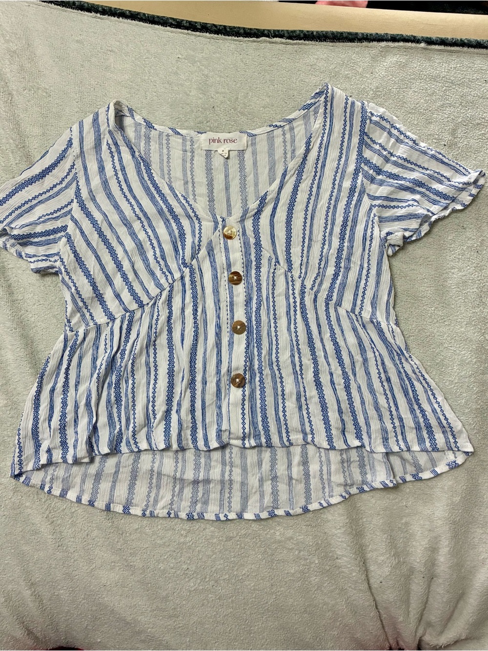 Pink Rose Women's Blue Striped Babydoll Peplum Short Sleeve Blouse Size Small